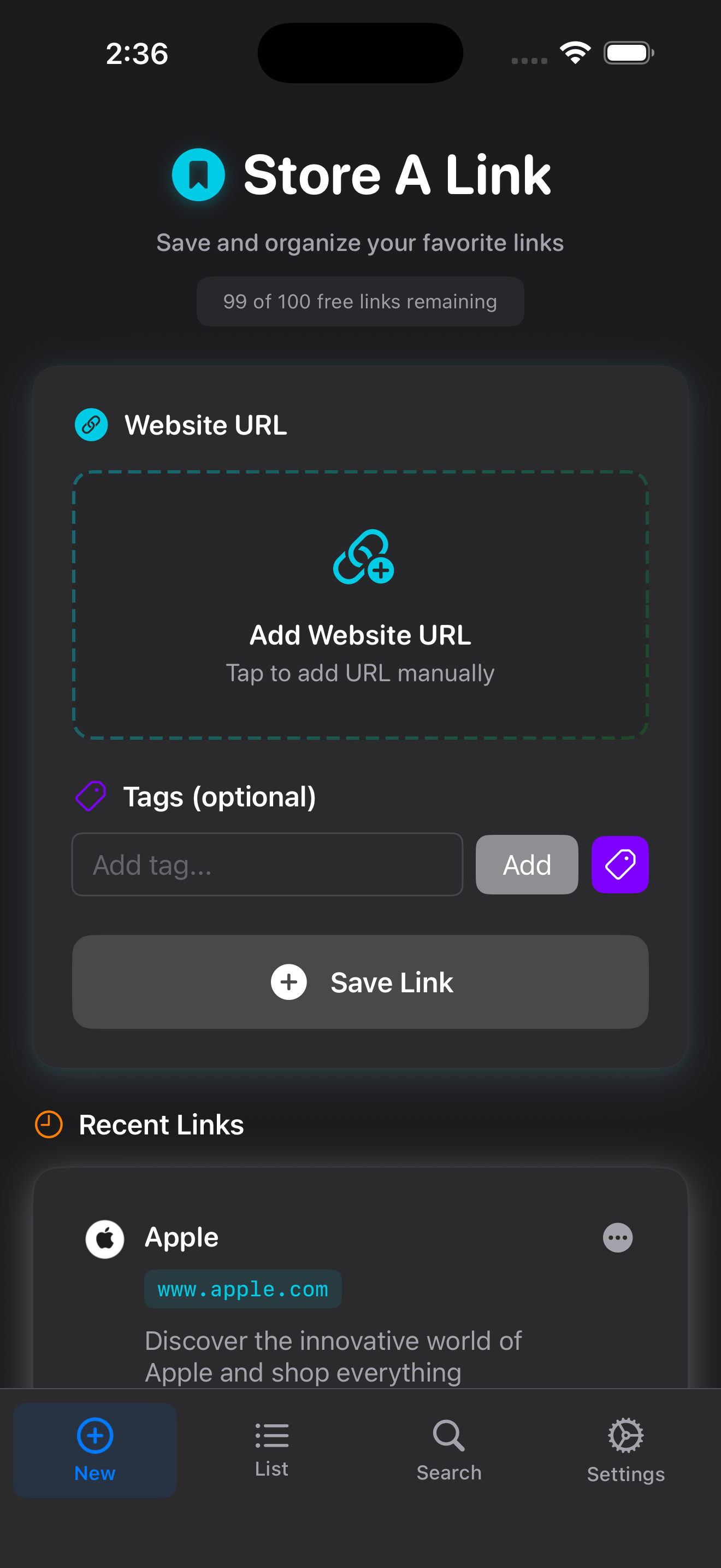 Add new link with automatic metadata extraction
