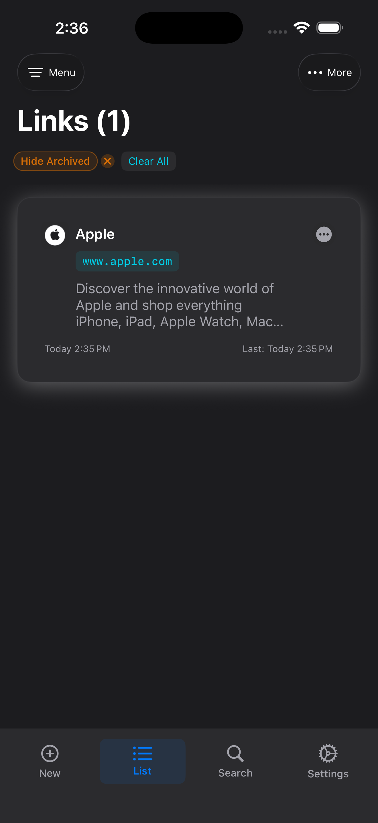 Store A Link main screen showing link management with tags and search