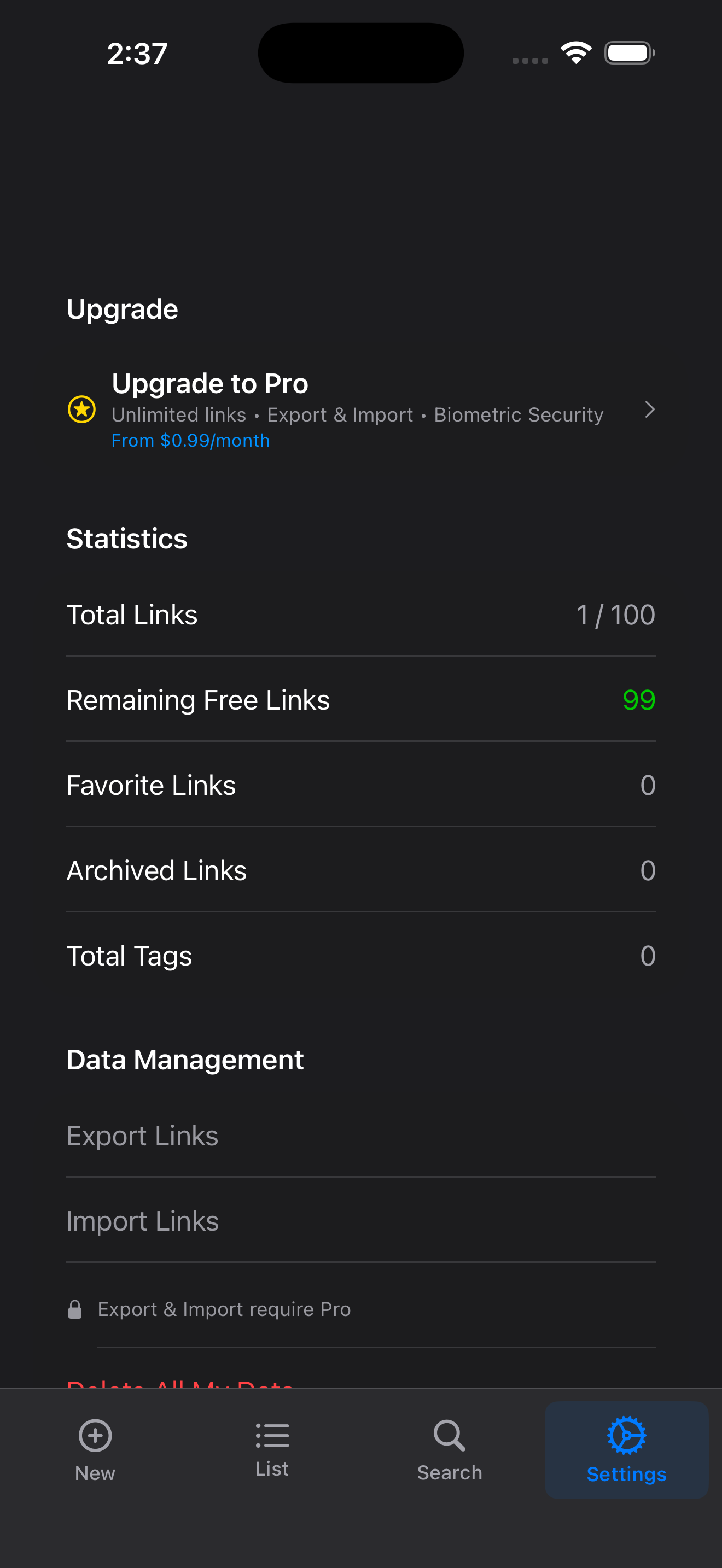 Settings with themes and security options